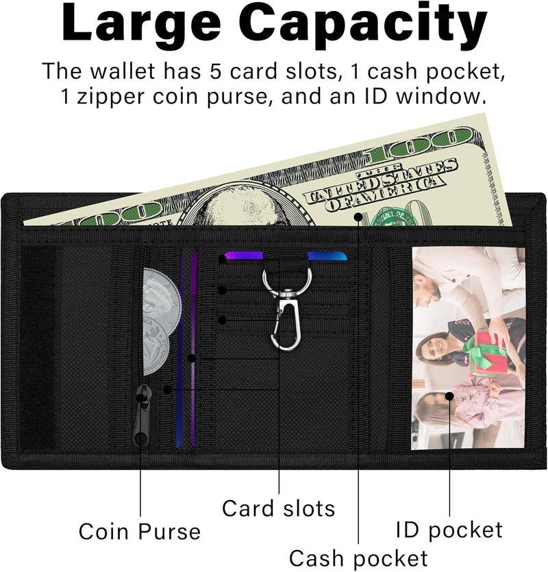 Jonyee Kids Wallet for Boys Girls 4-18, Novelty Trifold Wallet with Key Chain and Zipper Coin Pocket for Teens Children Girls Toddler, Canvas Wallet for Outdoors Sports Birthday Gifts -Black - Image 2